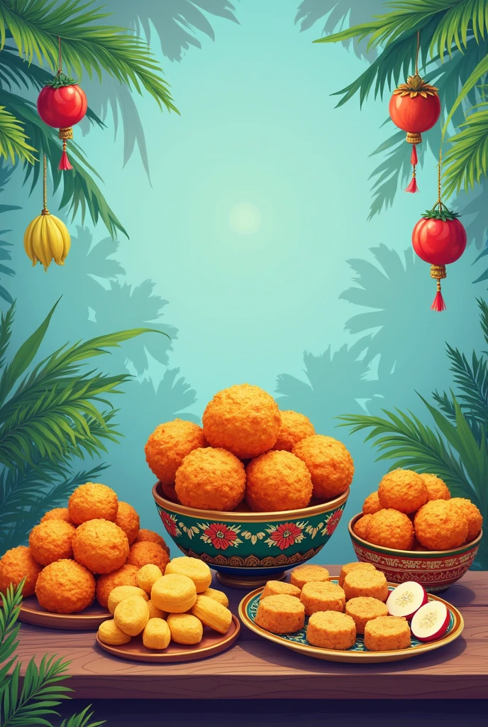 Make me a poster backgroud which theams keralian street snacks like ullivada, pazhampori, kadukka etc. and also a blue theam should be in the background