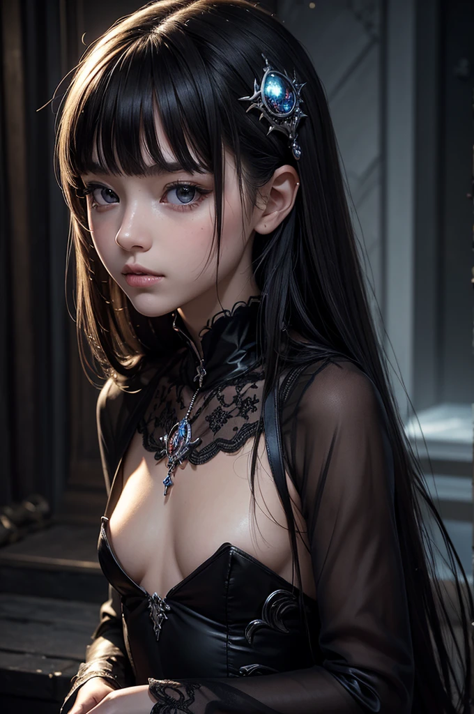 ((masterpiece, best quality, ultra-detailed, high resolution, extremely detailed CG, super detailed, Most beautiful clean lighting)), 1girl, small girl, young, cute girl, pretty face, white skin, Beautiful black long hair, black eyes, kawaii, slender, small build, small breasts, Fantasy world, world of death, black dress, skeletons, necromancer, necromancer, dark, magical world.