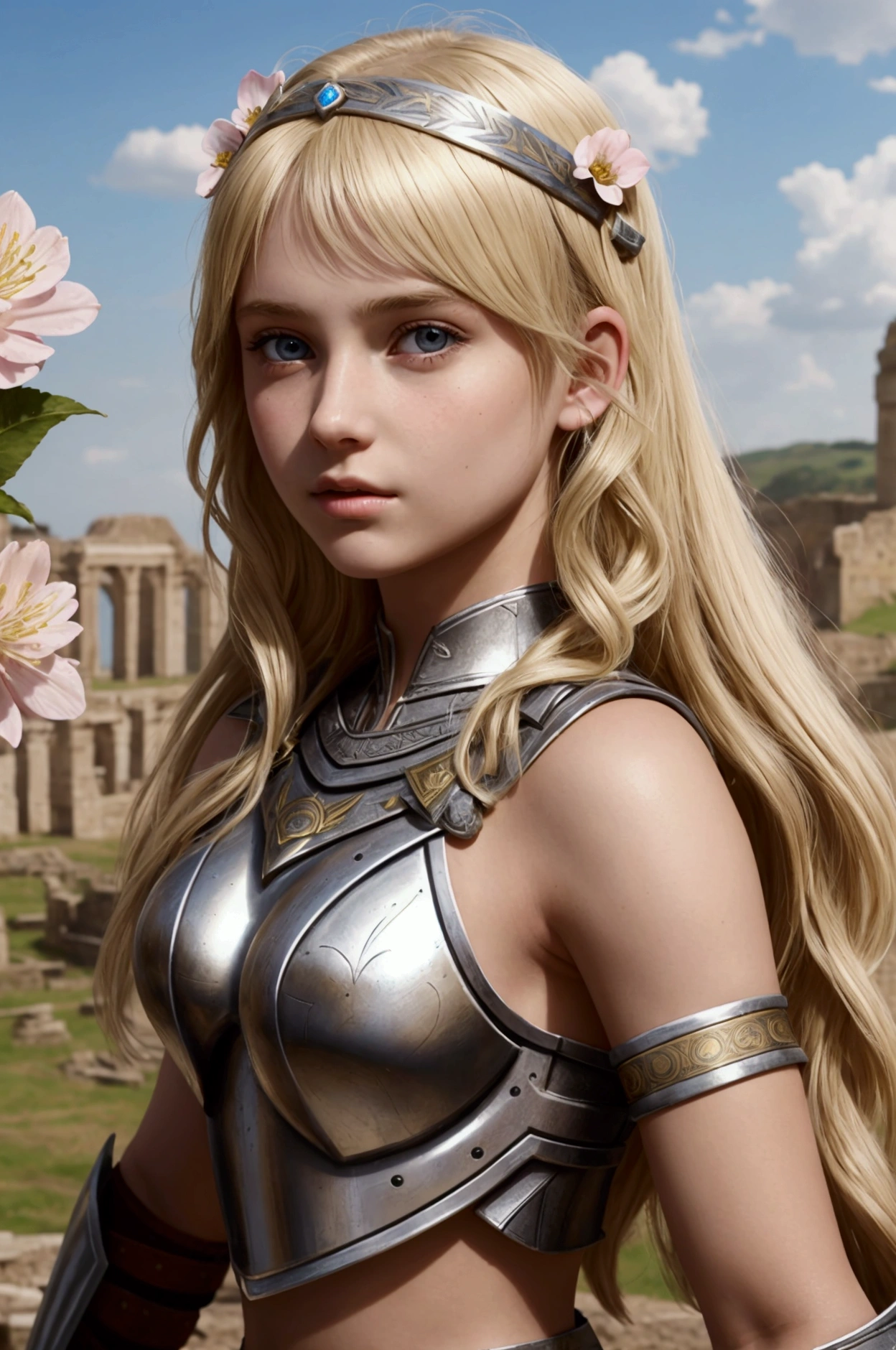  girl, roman warrior, princess blade , , teenl,, small breasts, mini cropped, valkyrian princess ,blonde, detailed face, beautiful, confiant, background in uk land with flowers
