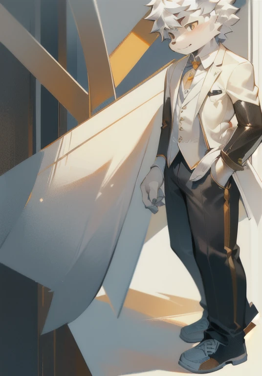 high quality，masterpiece，White fur，Orange fur，Handsome，hansome，Silver hair，White male cat，Wearing a suit，full-body shot，stand up，，With watch