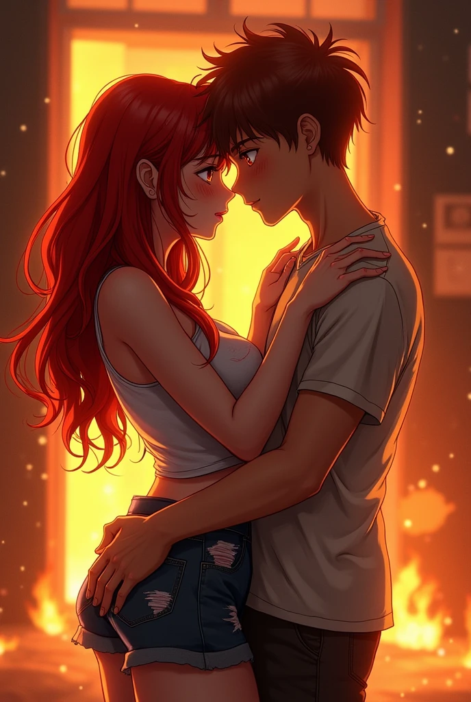 1girl,and 1boy red hair, flaming eye, and boy friend, Holding on Each other , wallpaper, he Saves from her school fire and Her and he clothes were ripped and you could see her ass and bobs the guy kiss her blushing