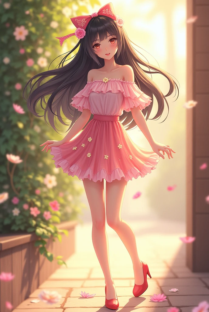 Ultra high quality，Long legs，cute，Sunlight，Off-shoulder，Wear flowers on your head，charming，Ribbon，Pink miniskirt，Flowers on skirt，High heel，whole body，High School Students，Black Hair