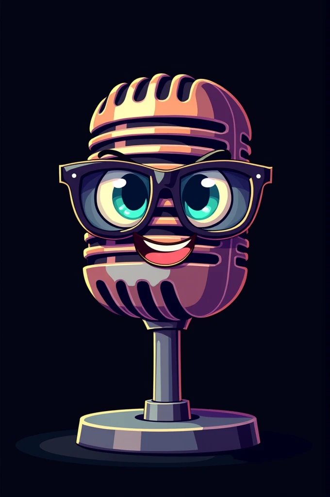 An image with a black background, a microphone in the middle in a cartoon, the microphone with glasses and a smiling mouth.