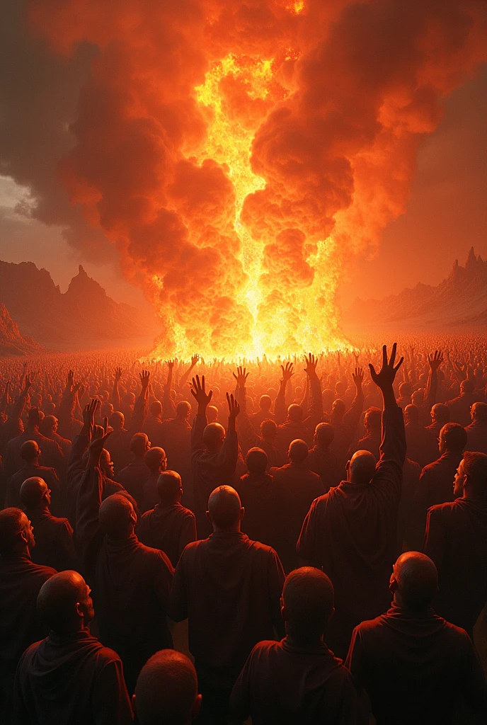 Countless people are drowning in the sea of fire of the volcano of hell, raising their hands up and crying