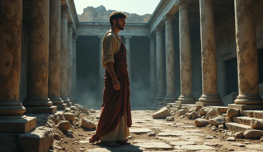 The male stoic philosopher stands alone in the ruins of an ancient Roman bathhouse or colonnaded courtyard, now dark and desolate. His tunics are tattered and stained, and his troubled expression is illuminated by harsh, dramatic lighting that casts deep shadows across the scene. The once-imposing Doric columns and broken marble structures underscore the devastation of betrayal. The dark, oppressive atmosphere and the fragmented ruins emphasize the emotional turmoil and collapse of the philosopher’s world.