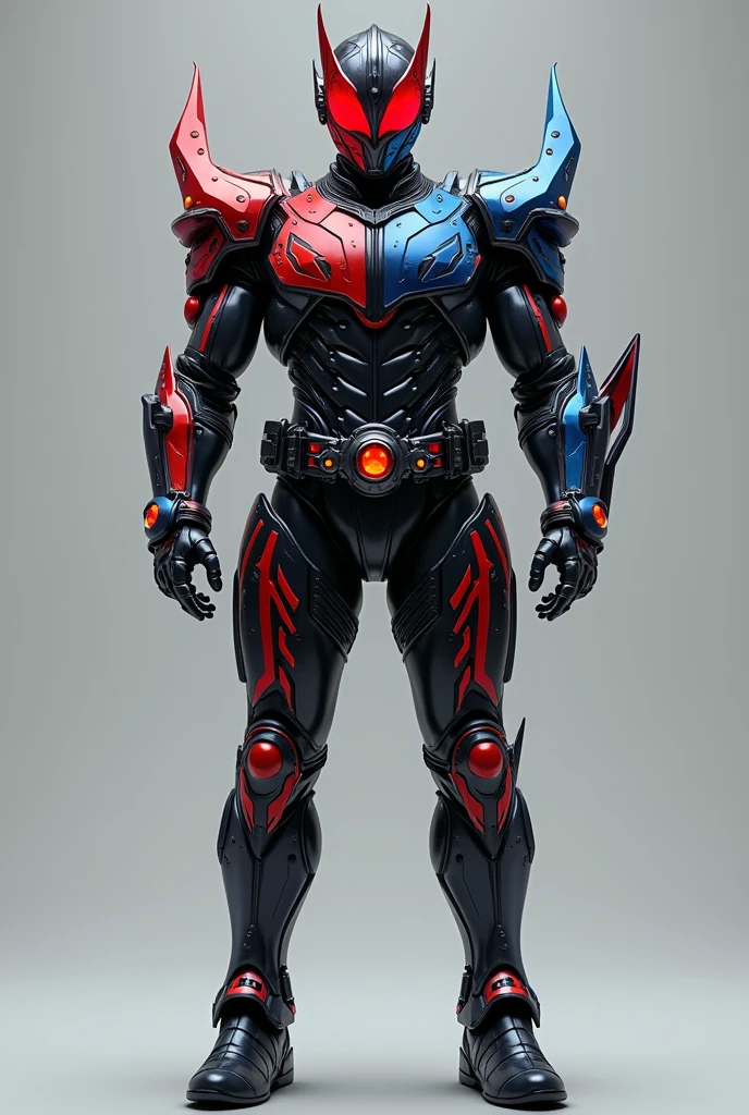 Realistic kamen rider in real life with full body armor. Full coated body armor. Colour red stripe, blue stripe and mainly black. Front, back and side angle. And a helmet that looks like a knight.