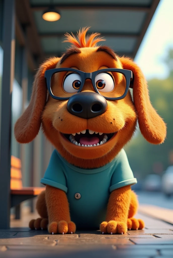 Cartoon character of a big brown dog in black glasses and a blue shirt, At the bus stop, an animated character, stylized character, animation style rendering, 3d stylized, Arnold Maya rendering, Stylized 3D rendering, toon render screenshot, 3d character, 3d character, Stylized 3D rendering, 3D character rendering, cartoon character, Personagem de close up, character posing, (Pixar-style) (master part:1.2) (bokeh) (best qualityer) (skin detailed) (detailed texture) (8k) (Argilla) (cinematic lighting) (sharp focus,Sit down and lift your upper body