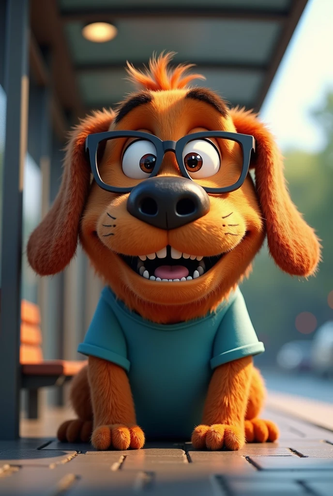 Cartoon character of a big brown dog in black glasses and a blue shirt, At the bus stop, an animated character, stylized character, animation style rendering, 3d stylized, Arnold Maya rendering, Stylized 3D rendering, toon render screenshot, 3d character, 3d character, Stylized 3D rendering, 3D character rendering, cartoon character, Personagem de close up, character posing, (Pixar-style) (master part:1.2) (bokeh) (best qualityer) (skin detailed) (detailed texture) (8k) (Argilla) (cinematic lighting) (sharp focus,Sit down and lift your upper body