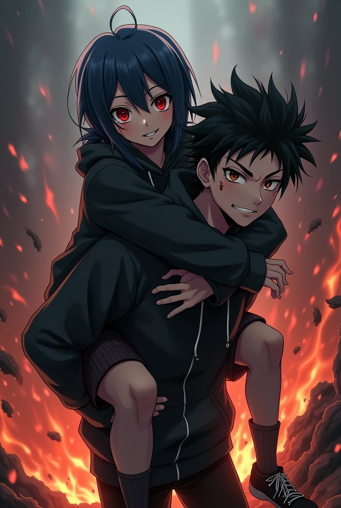 A boy ((( anime boy , Spiky hair , black hair , black hoodie , blood red eyes , narrowed eye , bleeding on the cheeck ))) , A girl ((( anime girl , dark blue hair , modern day mullet hair style , black hoodie , red eyes , almond eye ))) , boy carrying girl , girl behind boy , piggy back ride , dark background , fire in background , destructive background , surrounded by demons