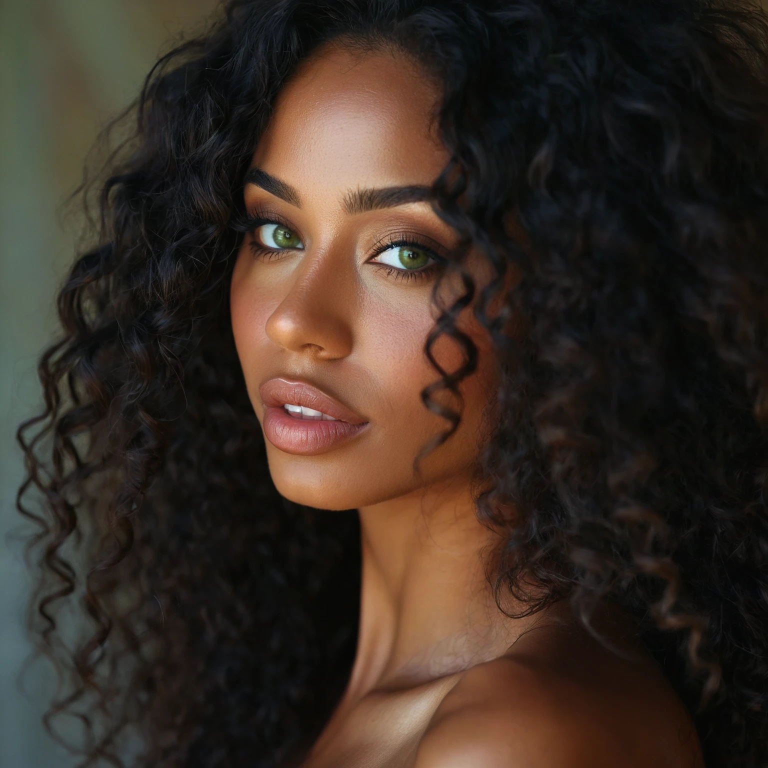 Caribbean, woman, cute, young, high quality, photorealistic, realistic human strong jaw , big Cheekbone,  green eyes with hints of brown, hyperdetailed photography, soft light, ultra high res , in a dramatic pose, adding mystery and sensuality, brown light skyn, long curly black hair 