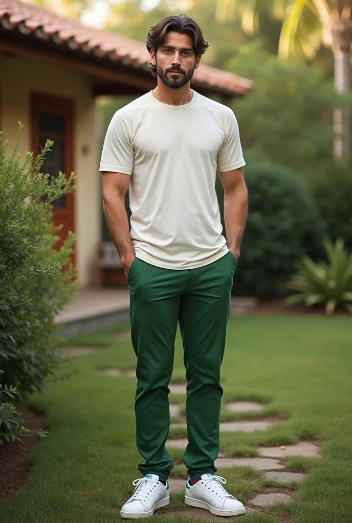 Create a realistic photo, typical Spanish man with a beard and mustache, very handsome man with a charming and deep look, green eyes, brown hair, ((full body)) hyper realistic photos, dressed with green pants , a white shirt, white sneakers from the brand: (Addidas stan smith), in his garden, background image: his house, head to toe, full body, hyper realistic photo