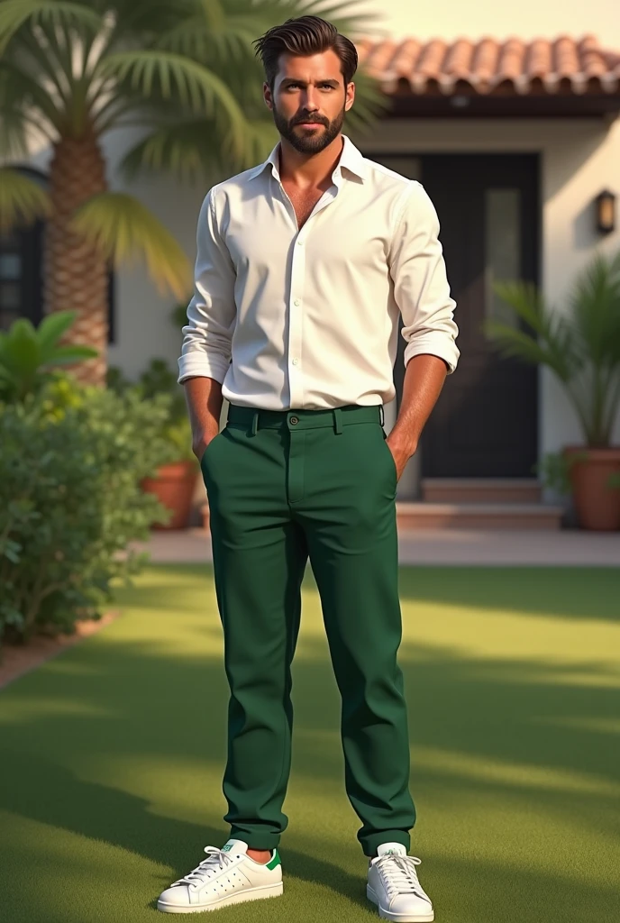 Create a realistic photo, typical Spanish man with a beard and mustache, very handsome man with a charming and deep look, green eyes, brown hair, ((full body)) hyper realistic photos, dressed with green pants , a white shirt, white sneakers from the brand: (Addidas stan smith), in his garden, background image: his house, head to toe, full body, hyper realistic photo