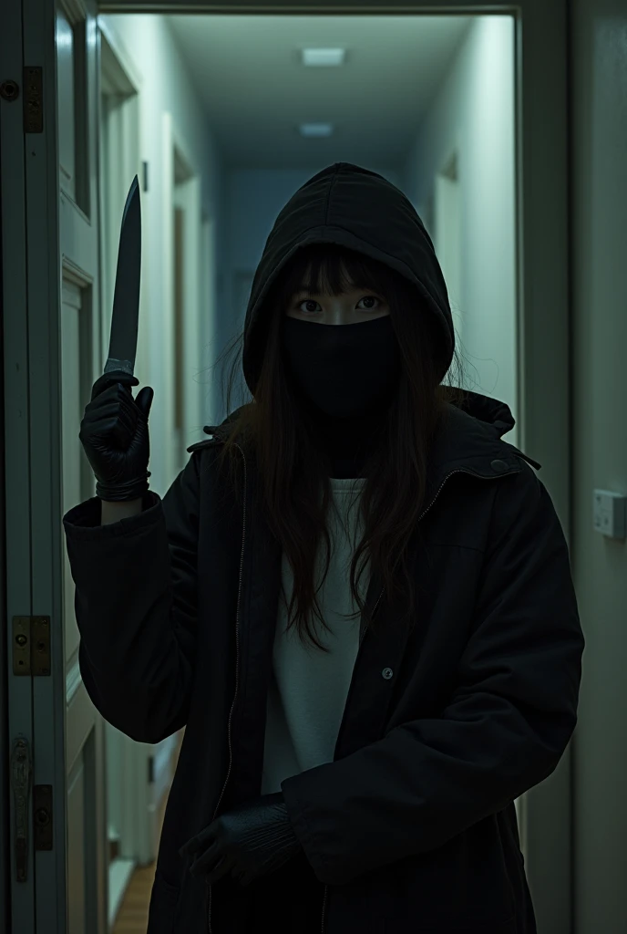 korean girl, (behind stiff, black balaclava mask), holding knife, stabbing, black leather gloves, entrance of the house, black raincoat, girl only, holding knife, leather gloves, behind cadaver, looking at viewer, blood splatter, night, mass murderer, killer, blood splatter,