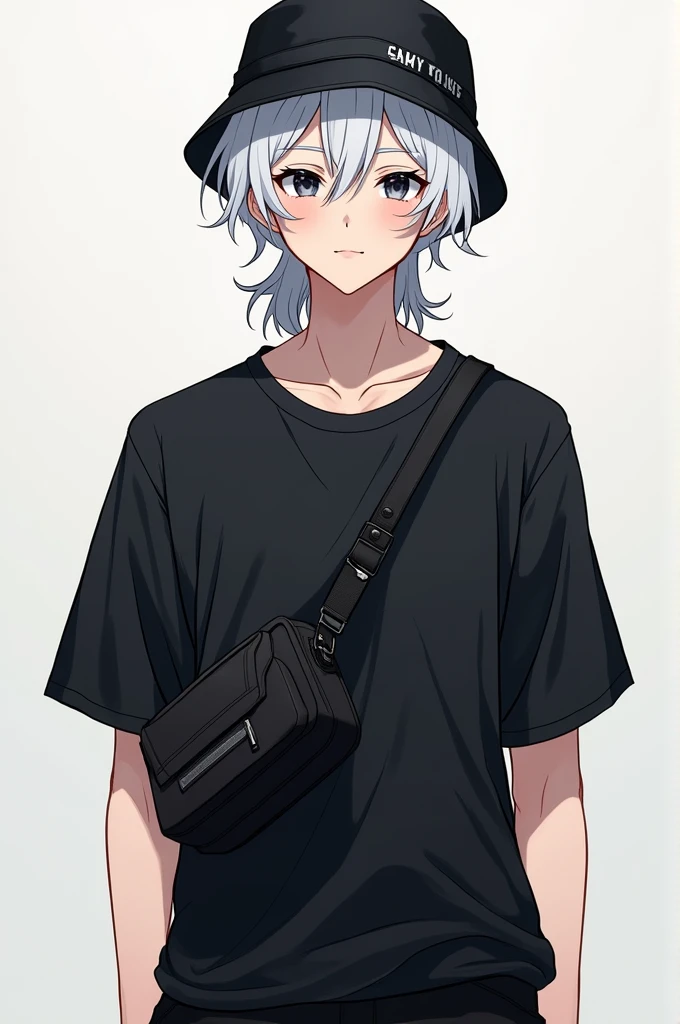 Male, 2d, anime, white hair, black shirt, black eyes, black crossbody bag, idol, black bucket hat, two block mulet hairstyle, gaming