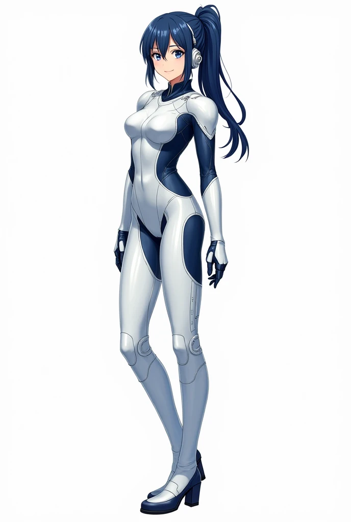 BREAK、(masterpiece、Highest quality、Highest Resolution、Clear_image、Detailed details): (The whole body of a person with Japanese features、High knot ponytail、cute、Dark blue hair girl、(Perfect body:1.4)、Sparkling blue eyes、(White and navy tight-fitting shiny pilot suit)、Very delicate and beautiful、Slim Body、Exoskeleton、cute系、Happy smile、Soft expression、heroine、White and navy blue long boots、Elbow-length gloves、headset)、BREAK、(Simple Background、White background:1.6)