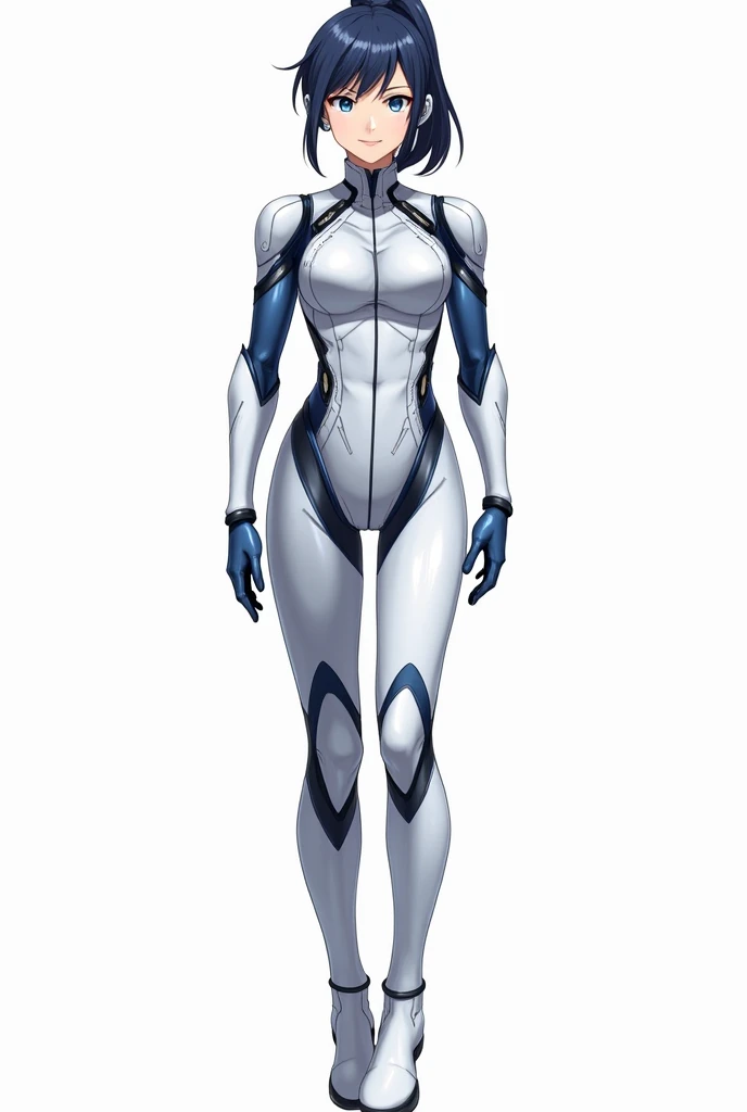 BREAK、(masterpiece、Highest quality、Highest Resolution、Clear_image、Detailed details): (The whole body of a person with Japanese features、High knot ponytail、cute、Dark blue hair girl、(Perfect body:1.4)、Sparkling blue eyes、(White and navy tight-fitting shiny pilot suit)、Very delicate and beautiful、Slim Body、Exoskeleton、cute系、Happy smile、Soft expression、heroine、White and navy blue long boots、Elbow-length gloves、headset)、BREAK、(Simple Background、White background:1.6)
