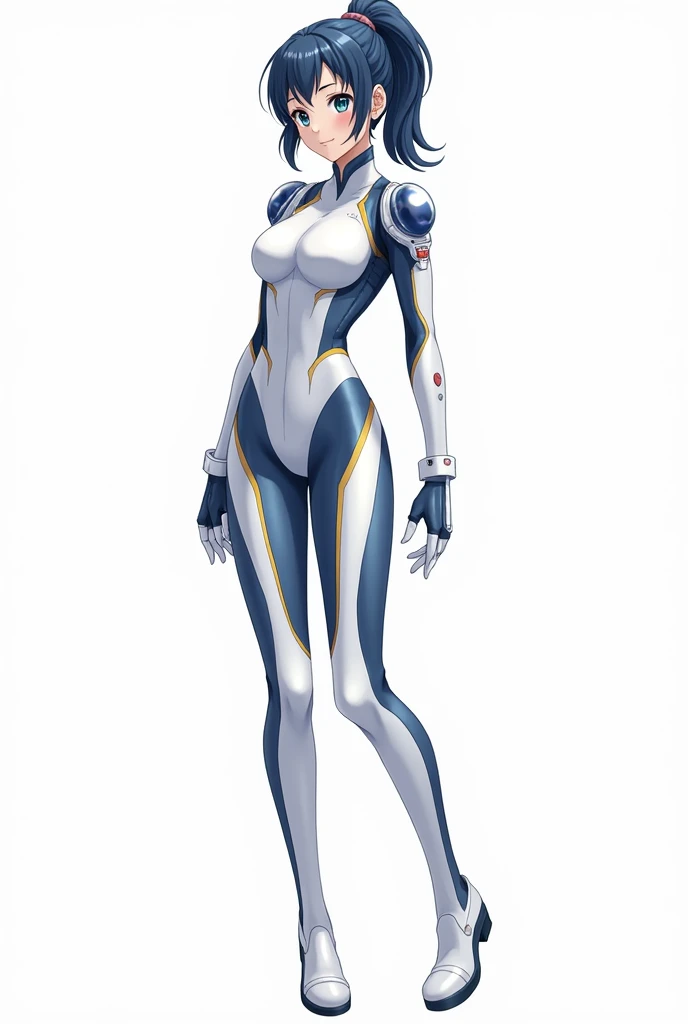BREAK、(masterpiece、Highest quality、Highest Resolution、Clear_image、Detailed details): (The whole body of a person with Japanese features、High knot ponytail、cute、Dark blue hair girl、(Perfect body:1.4)、Sparkling blue eyes、(White and navy tight-fitting shiny pilot suit)、Very delicate and beautiful、Slim Body、Exoskeleton、cute系、Happy smile、Soft expression、heroine、White and navy blue long boots、Elbow-length gloves、headset)、BREAK、(Simple Background、White background:1.6)