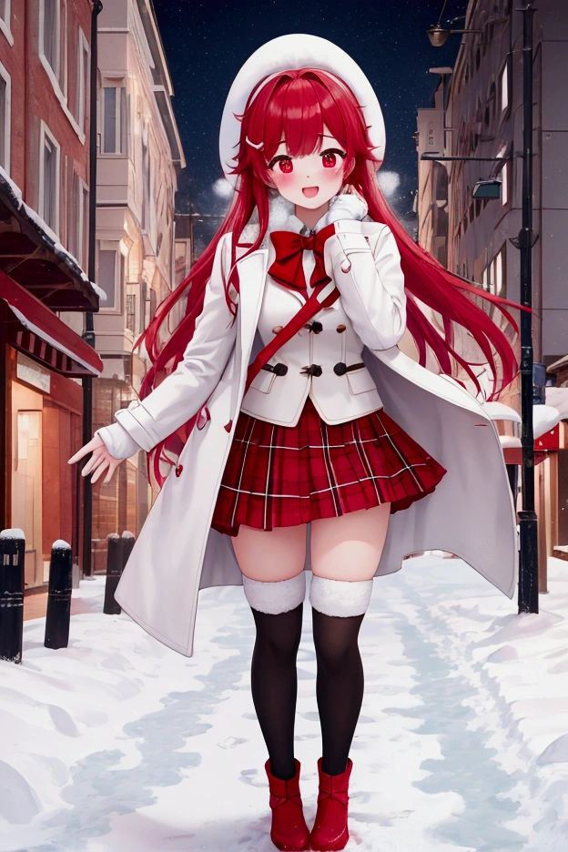 College girl in love、Snow Scene、With a red face、Walking through the city at night with a sense of excitement、Heart Particles、Particles of musical notes、White heavy duffle coat、Red tartan skirt、Black Stockings、Hold me pose