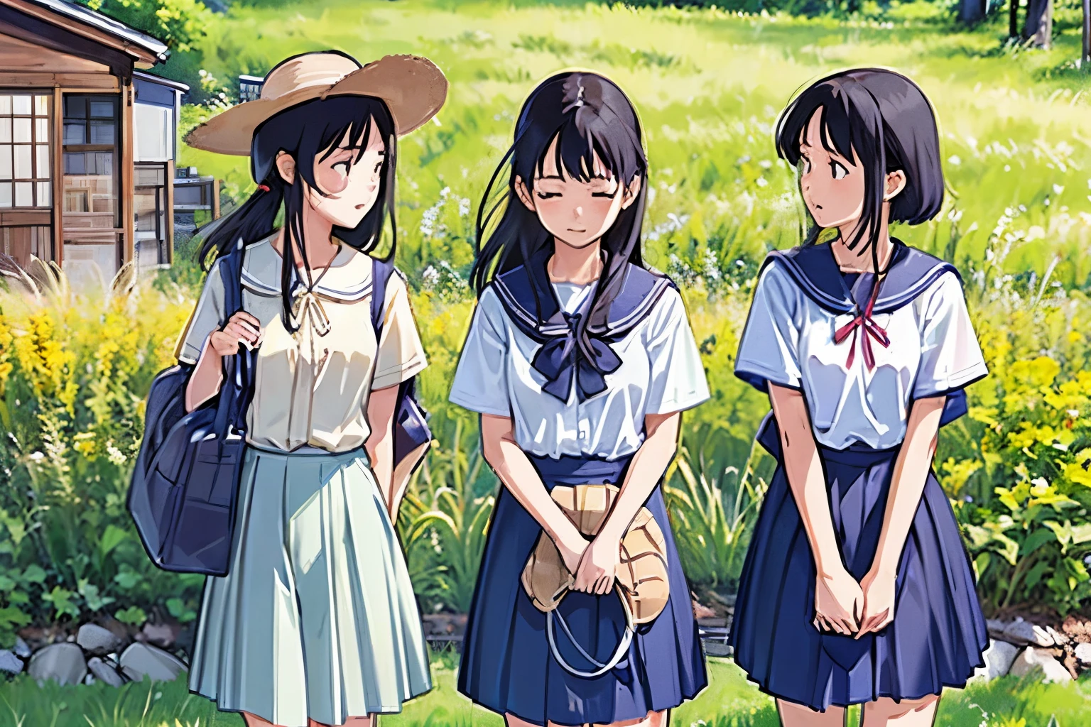 masterpiece, Highest quality,plural, Three Girls, (countrysideのローカル線の無人駅のホームで)、Black Hair, short hair、Long Hair, Hair ties, hair band, hair ornaments, Straw hat、Shorts, skirt、dappled daylight、Outdoor, nature, wood々、 Grassland、countryside、Suburban、