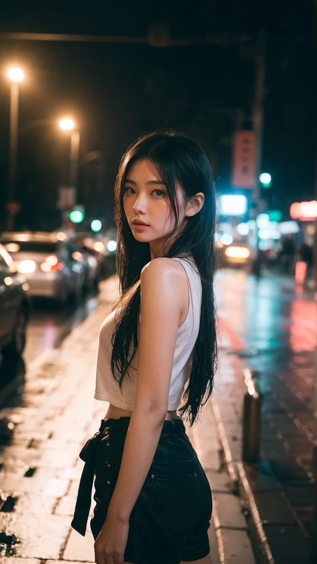 1 girl,One,long hair,rough skin,(Looking at the viewer:1.2),wet hair,micro_shorts,Dark,polaroid,(depth_from_field:1.5),rainy days,on open air,Street,hair between eyes,moody lighting,Tyndall effect,Cinematic lighting,night,lamp post,lens flare,Available light,rim light,glowing neon lights,lush,Chinese_style,