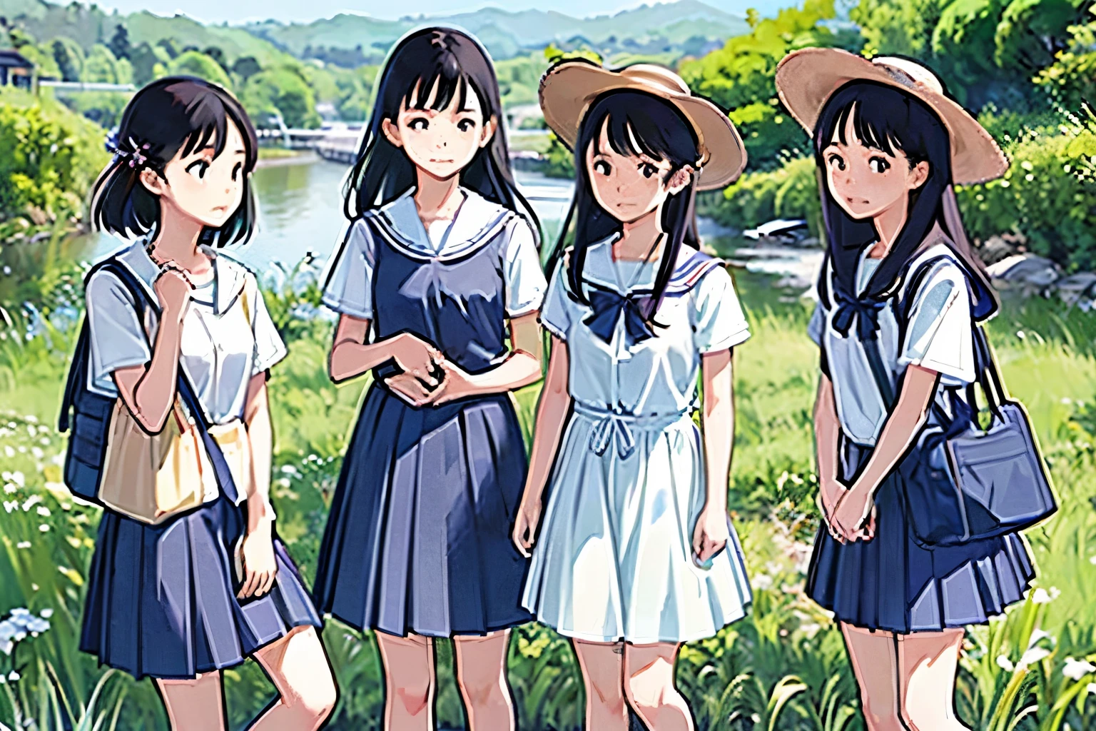 masterpiece, Highest quality,plural, Three Girls, (countrysideのローカル線の無人駅のホームで)、Black Hair, short hair、Long Hair, Hair ties, hair band, hair ornaments, Straw hat、Shorts, skirt、dappled daylight、Outdoor, nature, wood々、 Grassland、countryside、Suburban、