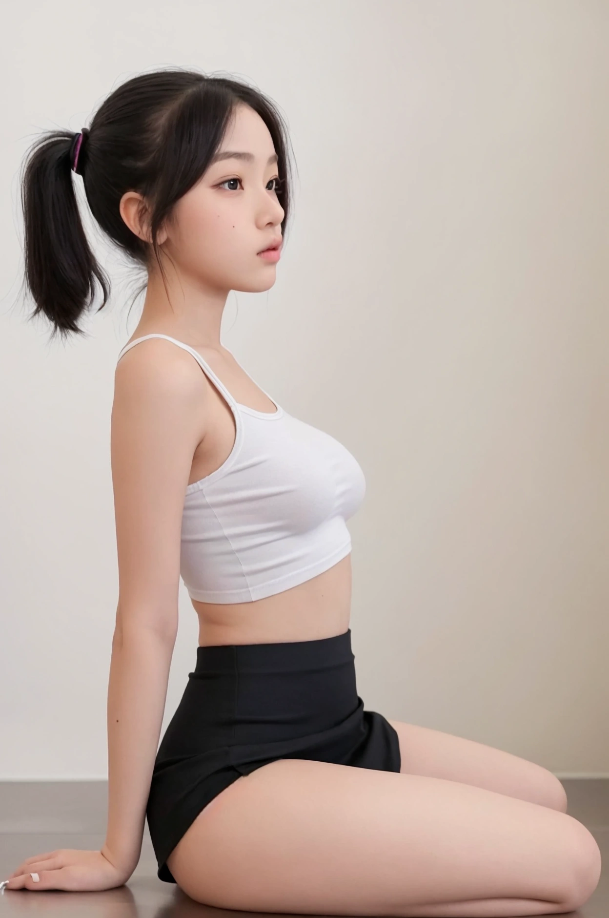 Cute 18-year-old girl, god, Short Girl, A slim body, Small boobs, Small breast, Small booty, ultra mini skirt, detailed face, beautiful eyes, long eyelashes, cute expression, Minimalist interior, dark-toned interior, photorealistic, 4K, high quality, hairstyle two ponytails, Short skirt, sneakers, sitting on the floor, front view, full body