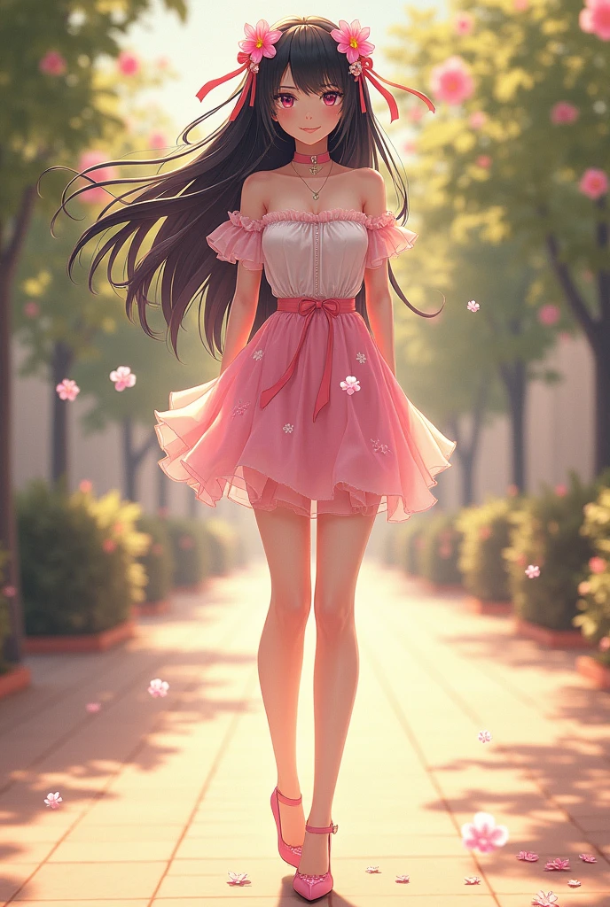 Ultra high quality，Long legs，cute，Sunlight，Off-shoulder，Wear flowers on your head，charming，Ribbon，Pink miniskirt，Flowers on skirt，High heel，whole body，High School Students，Black Hair