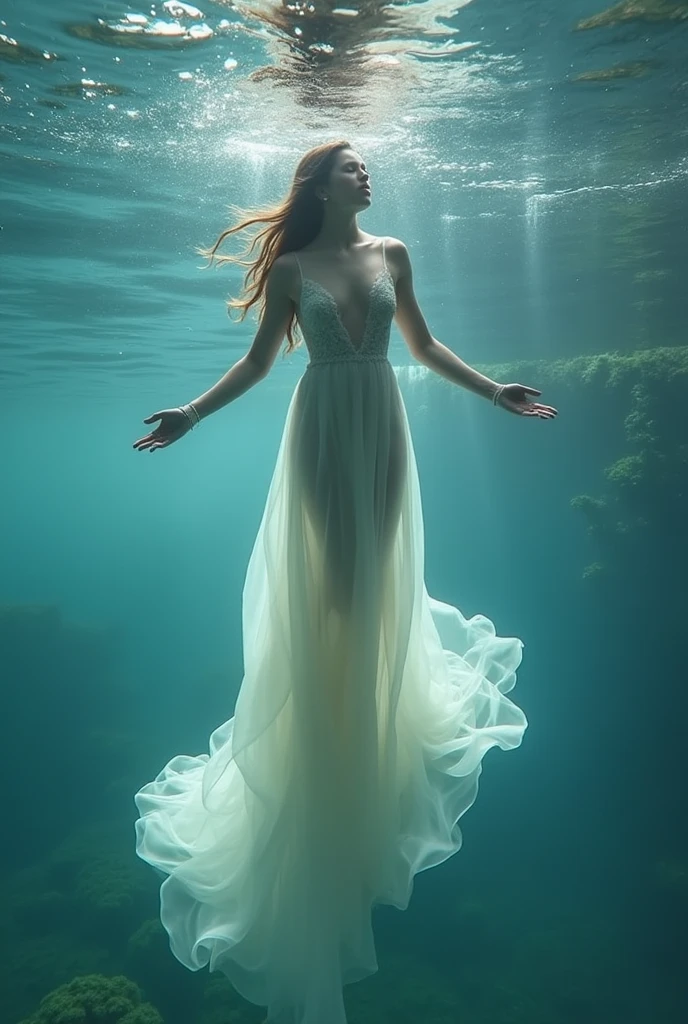 A perfect shot of a woman wearing a long dress, emerging from the water, seen from the bottom of the lake, submerging herself in the water with her arms gracefully extended, her eyes closed, her lips closed . Her hands are almost touching the surface of the water. Perfect face, perfect hands, ultra-realistic, style of perfection, epic, realistic, cinemascope, no nudity, see-through clothing,((Ballet Pose))