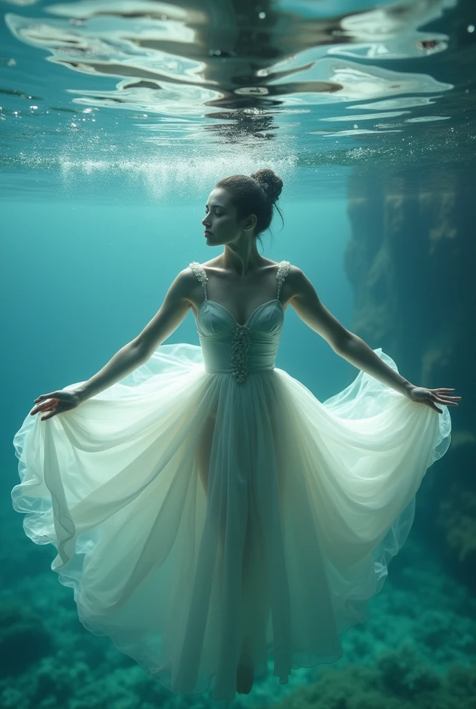A perfect shot of a woman wearing a long dress, emerging from the water, seen from the bottom of the lake, submerging herself in the water with her arms gracefully extended, her eyes closed, her lips closed . Her hands are almost touching the surface of the water. Perfect face, perfect hands, ultra-realistic, style of perfection, epic, realistic, cinemascope, no nudity, see-through clothing,((Ballet Pose))