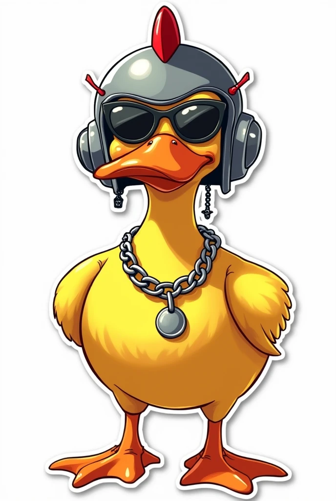 Make an illustration of an angry duck (the duck has to be yellow, orange beak, without legs), wearing a silver chain, aviator sunglasses and a helmet (open face helmet without visor, black edges and black leather texture on the entire helmet, must also have a propeller on top, being a red one, one black and one white) besides a silver chain. The illustration will be for a sticker so just place the order, no backgrounds or floor textures)