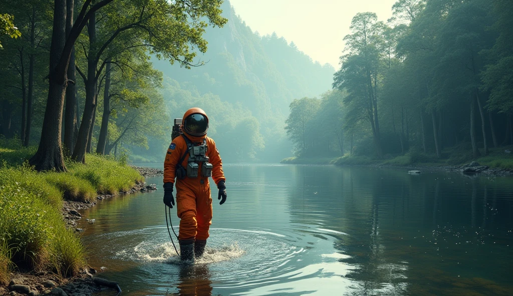 (masterpiece:1.2,of the highest quality,Super detailed,realist,Ultra high resolution camera),8k,Wallpaper,(NASA astronaut in orange suit walks in river with forest on side),(plane figure and forest pandora and river :2.0),(pandora forest, virgin forest and a river 2.0), Landscape painting,dynamic