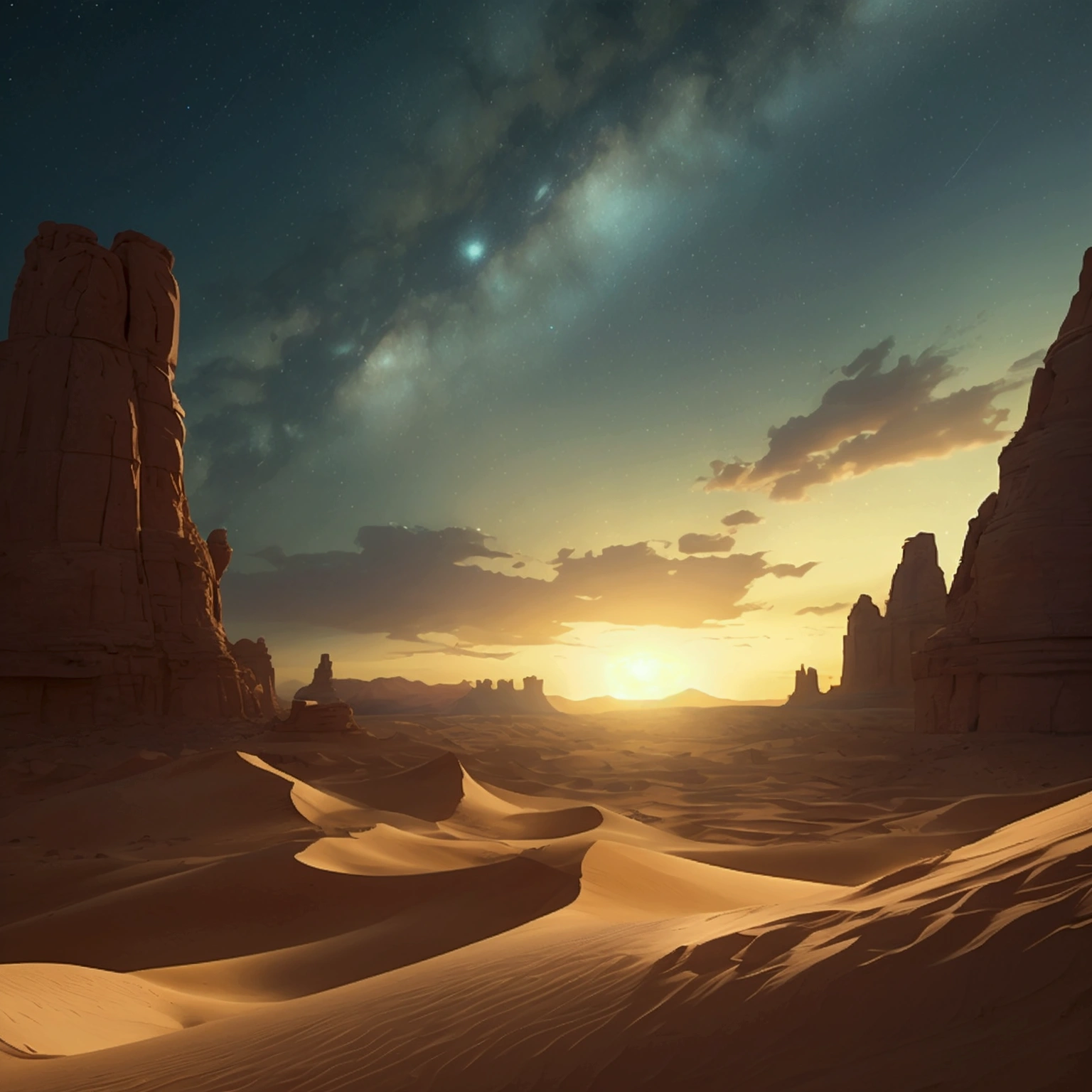 A starry sky。desert。