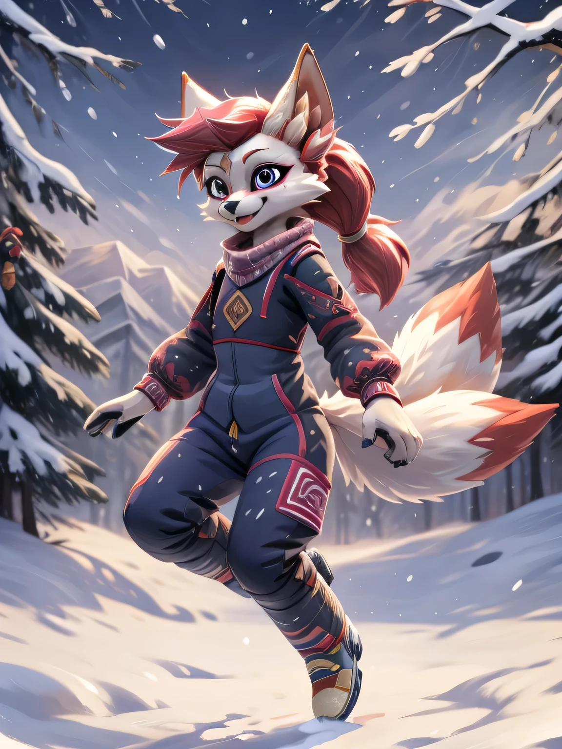 kimiko, furry female anthro, fox girl, multiple tails, solo, short ponytail, scar on the eye, detailed face, masterpiece, dressed, winter suit, snowy day, snow, jump, jump in air, two legs, legs tucked in, happy, detailed face, perfect face, perfect hands, scarf