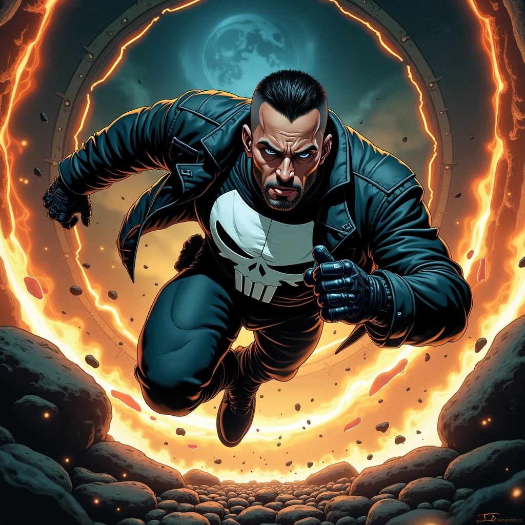 Punisher jumping through a portal, sfumato, polaroid, worm core, cover art for wargame, techno cybernetics, a gothic image, mind-blowing detail, greatly detailed, line art, small pebbles scene, Mesozoic era, 1990s era, contra-jour lighting, gloomy lighting, mechanical parts, psycho mechanical, a pin up portrait, a full length portrait, Mandelbox scene, kaleidoscope scene, transistor punk, a religious sci-fi, Artwork by Saul Tepper, Artwork by Hiroshi Tadashige, cosmic wave scene, spirit wave scene