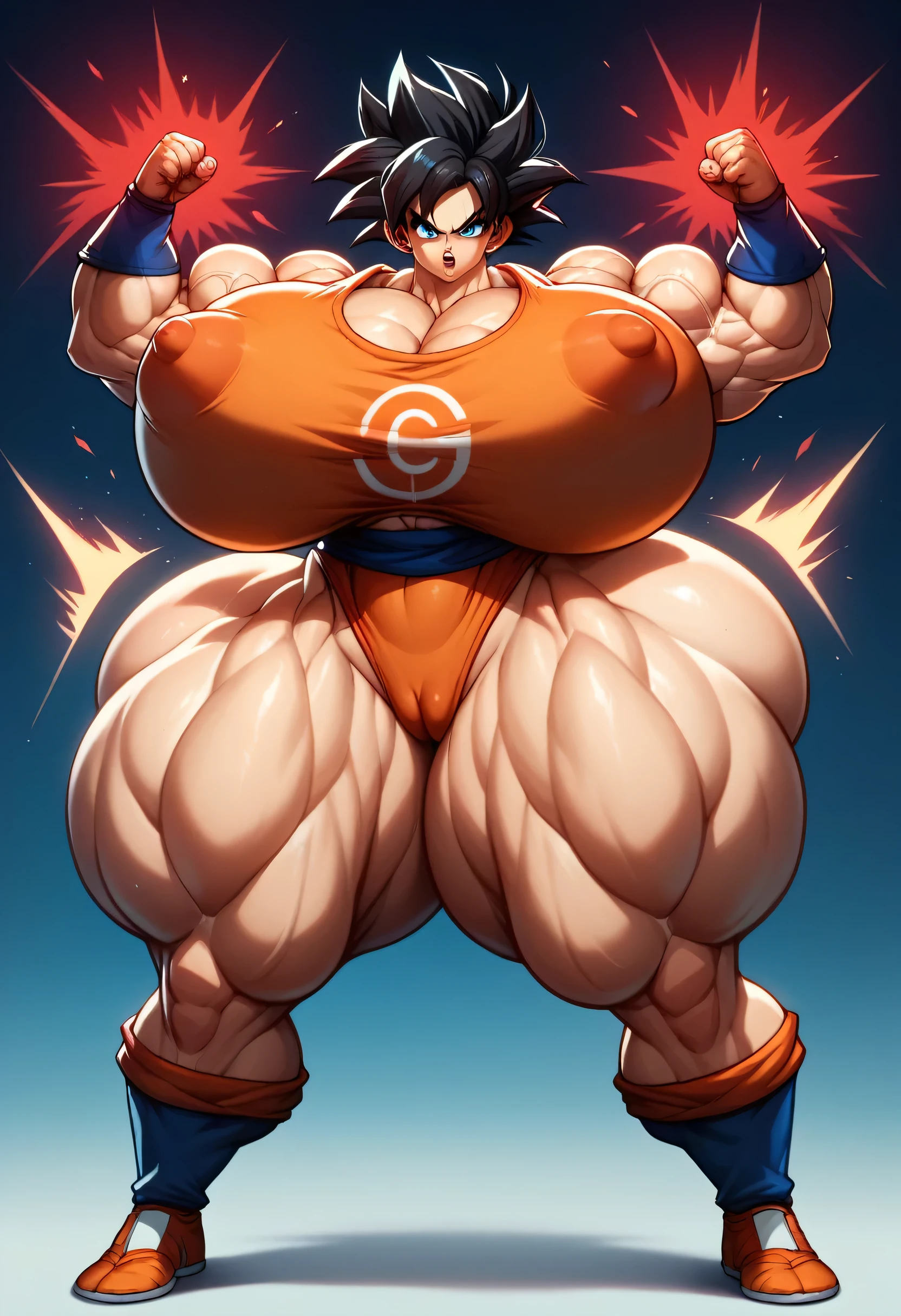 1 girl, Super Saiyan Warrior, Dragon Ball Z, spikey black hair, goku clothes,
Red aura, Hyper muscles, massive bicpes, hyper ass, hyper thick thighs, huge wide hyper breasts and massive ass, powerful thick thighs, huge amazon body, camel toe, powerful massive thighs, puffy fat nipples, perfect face, goregous,s, fighting pose, kunfu action shot, expressive eyes, fury expression, Kamehameha