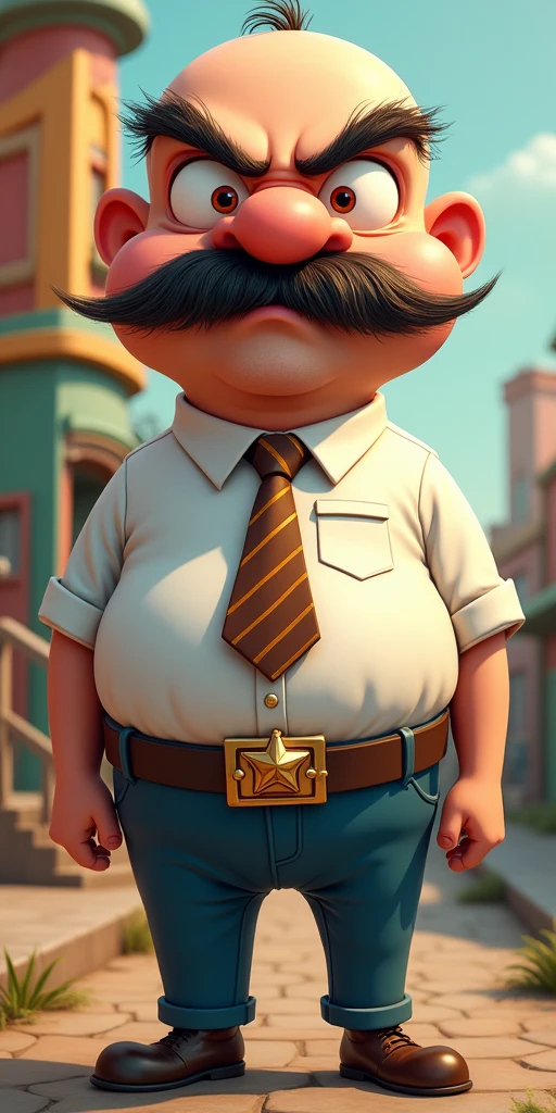 a cartoon guy that is a angry boss, (colorful design:1.4), (Butch Hartman STYLE:1.5), bald with a big nose and big mustache,your shirt is white and your pants are blue, he wears a striped tie, has only two hairs, (your nose is pointy and large and goes down from the eyebrow:1.5), (nose references: (Lord Farquaad:1.6),(Sideshow Bob - simpsons),(Nigel Thornberry),(Mr. Crocker:1.6)), their nostrils are hairy and very prominent, her body is small and she has thin legs, your eyebrows are thick and expressive, Your body is shaped like the minions,your little ears are small, its head is elongated and larger than the body, ele usa um cinto e estrela de sheriff, your shoes are well polished