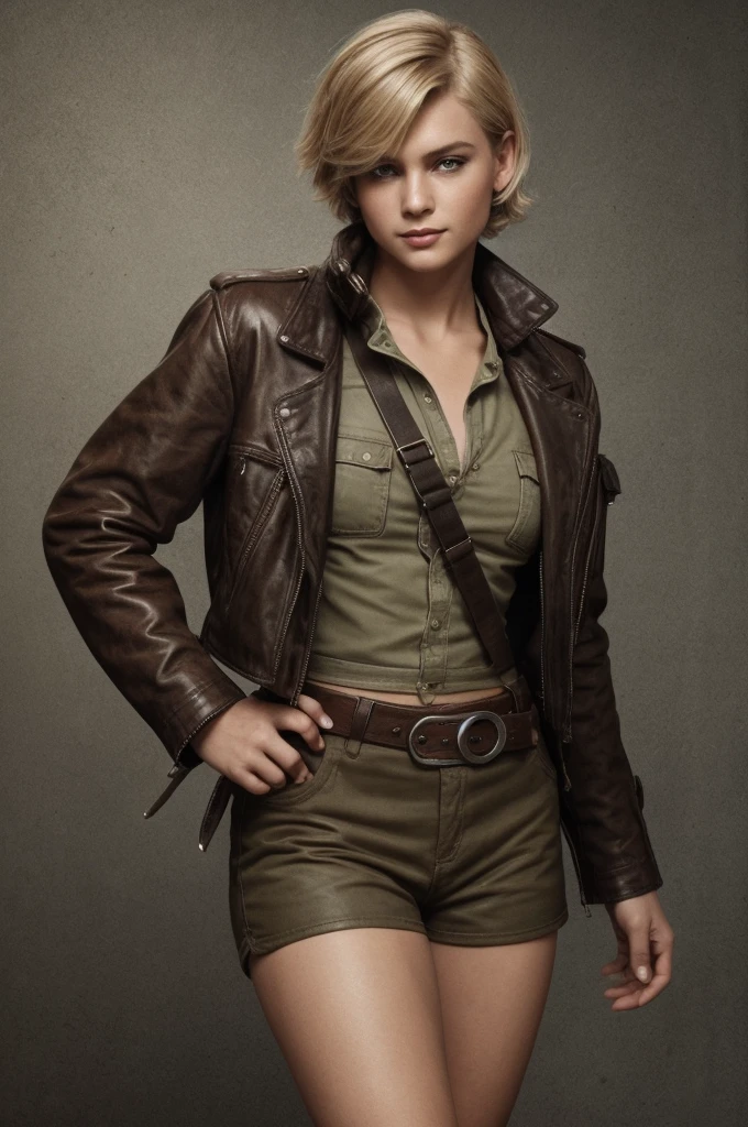 1920s tomboy adventurer, wearing rugged, practical clothing with a utility belt and a leather jacket, short blonde hair styled in a tousled bob, confident determined expression, pinup