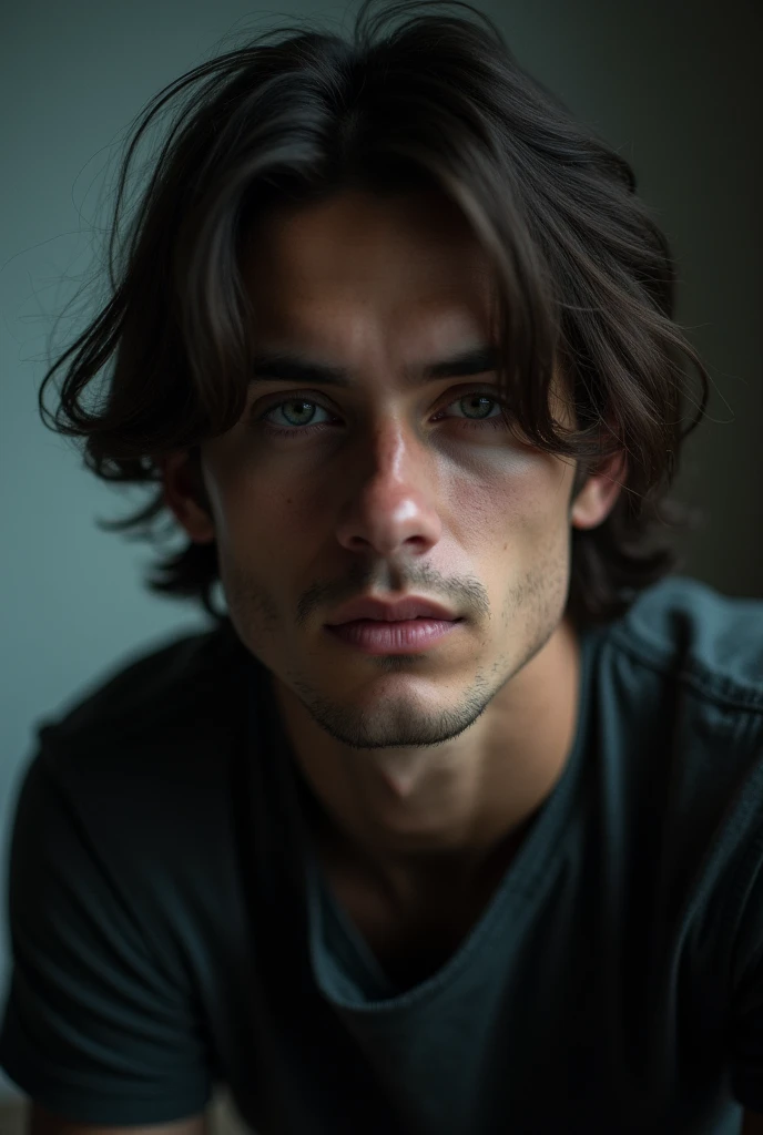 Portrait of middle hair guy aged 25, till waist shot from below angloe
