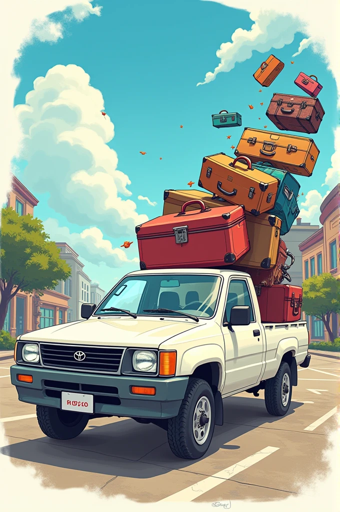 Cartoon of a white Toyota pickup truck with 5 suitcases falling out