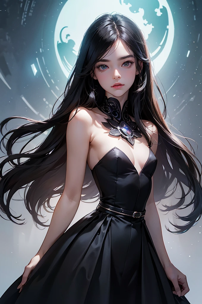 ((masterpiece, best quality, ultra-detailed, high resolution, extremely detailed CG, super detailed, Most beautiful clean lighting)), 1girl, small girl, young, cute girl, pretty face, white skin, Beautiful black long hair, black eyes, kawaii, slender, small build, small breasts, Fantasy world, world of death, black dress, skeletons, necromancer, necromancer, dark, magical world.