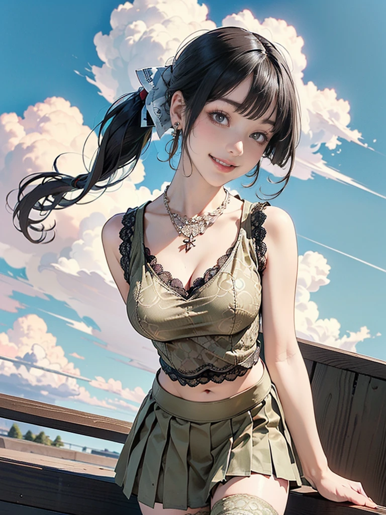 ((((Highest quality))))、(((Ultra-precision CG16K wallpaper)))、(((masterpiece)))、(((Super detailed)))、(((Extreme detail)))、((1Mature 29 year old woman:1.6))、((Very beautiful Japan face of a person))、((Urizane Face:1.8))、((twin tail straight hair、blunt bangs:1.8))、(Shiny brown hair)、A delicately drawn beautiful face、Dark Eyes、double eyelid、High nose、Small nostrils、Small Mouth、Seductive lips、Beautiful breasts、((C cup size breasts))、Cleavage、Beautiful feet、eight-headed body、Perfect proportions、Perfect Anatomy、Perfect composition、Beautiful detailed shading、Beautiful, natural lighting、Beautiful detail glow、Depth of written boundary、(((High chroma)))、(((Real:1.9)))、((vivid:1.5))、((Beautiful Skin))、((Skin Texture))、((Realな皮膚感))、(((Cowboy Shot:1.6)))、((front view、shoot from front、front low angle:1.6))、(((smile:1.7)))、((The woman is looking at this、looking at viewer:1.6))、Bright daylight、Natural light、(((Flower Garden、cloud:1.5)))、(Gravure idol walking pose:1.6)、(((Khaki lace tank top&Low-rise pleated mini skirt:1.6)))、((Scrunchie Ribbon、necklace、Wearing earrings:1.5))、((Knee socks clothing:1.5))、