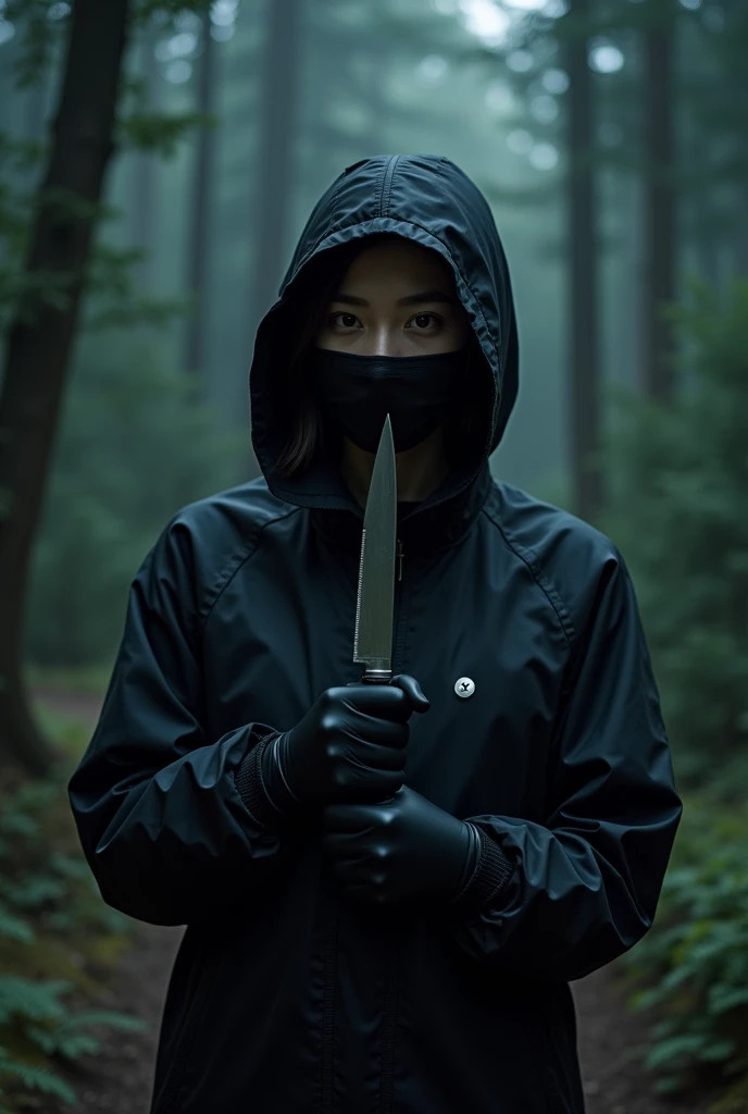 korean girl, (behind stiff, holding knife), stabbing, black surgical mask, black gloves, night forest, night, black raincoat, hood up, holding knife, black gloves, 20 years old, woman on top, behind cadaver, blood splatter, mass murderer, killer, blood splatter,
