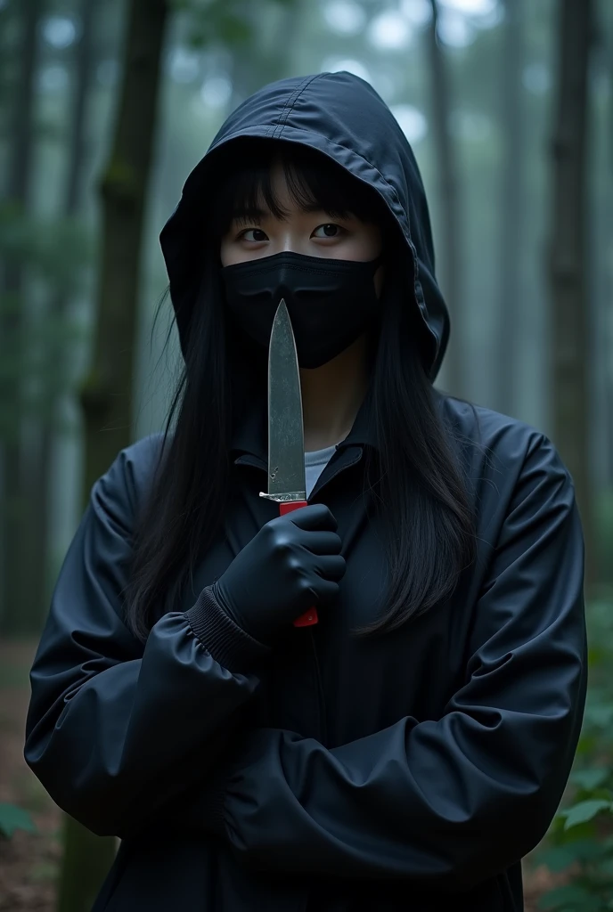 korean girl, (behind stiff, holding knife), stabbing, black surgical mask, black gloves, night forest, night, black raincoat, hood up, holding knife, black gloves, 20 years old, woman on top, behind cadaver, blood splatter, mass murderer, killer, blood splatter,