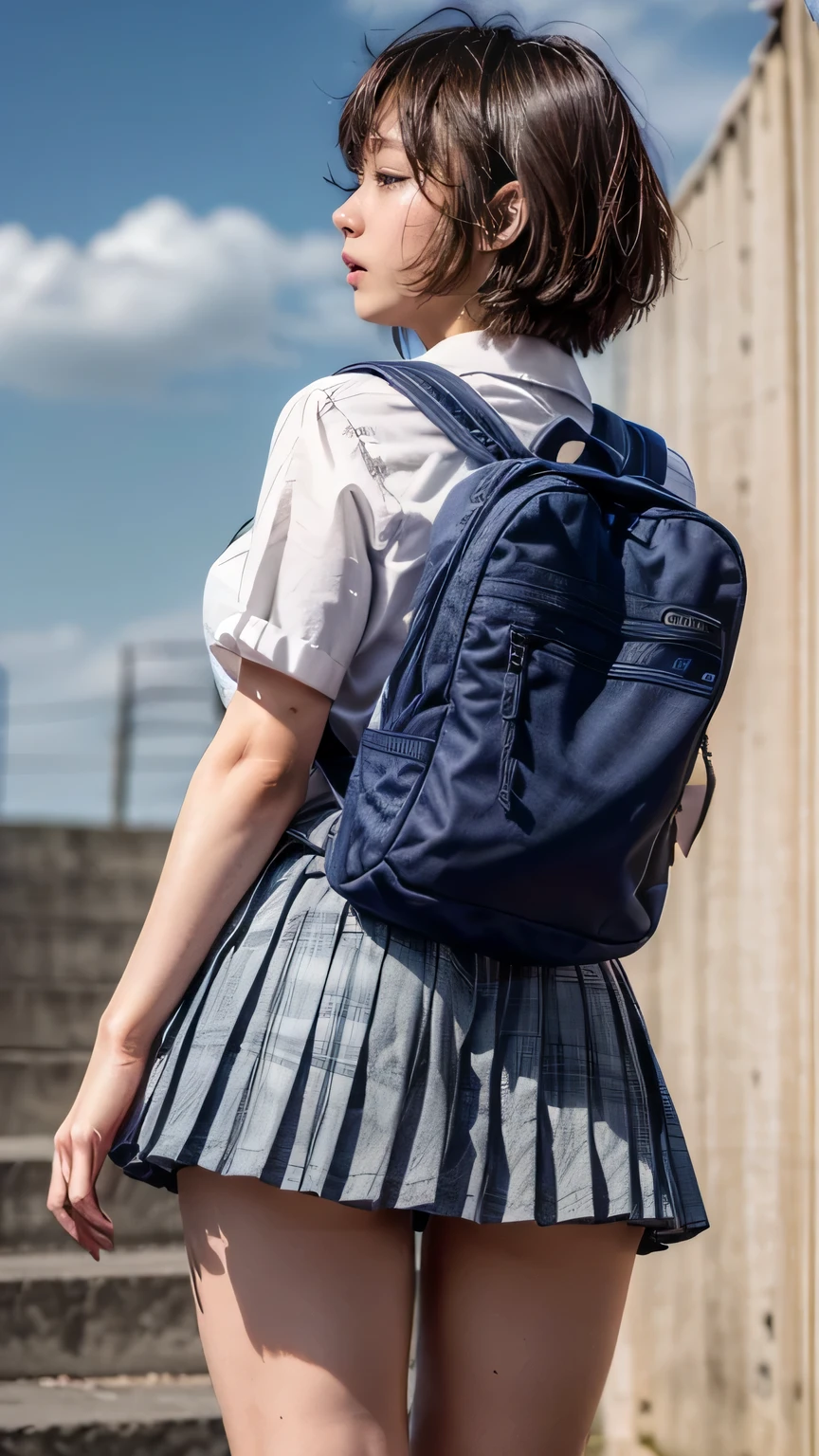 (High school girl climbing the stairs:1.2、Carrying a backpack)、((school uniform、White blouse、(Navy blue checkered pleated skirt:1.2)、Navy blue socks、loafers、Detailed white panties)、(Rear view、View from directly below)、(Realistic、Like a photograph、Live Action、8k, Realistic, RAW Photos, Best image quality: 1.4), Single-lens reflex camera、RAW Photos, Highest quality, Realistic, Highly detailed CG Unity 8k wallpaper, Written boundary depth, Cinematic Light, Lens flare, Ray Tracing, Realistic background、((Ultra-Dense Skin))、 After School、(whole body:1.5)、(Short Hair 1.2、Hair blowing in the wind:1.4)、I like that style、stylish、Very detailed、Pay attention to the details、Perfect outfit、(Sunburned skin)、Rear View、Accurate hands、Accurate legs、Detailed hands and fingers、Anatomically correct body、Thin legs、Thin thighs、Small breasts、Very detailedな顔