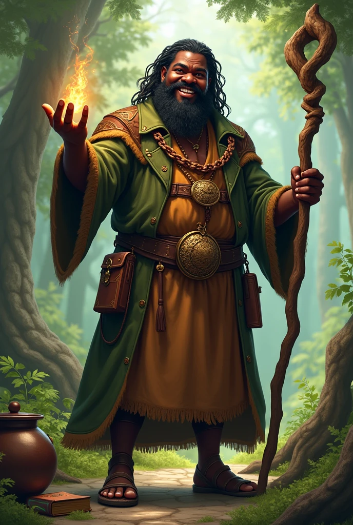 Young black-skinned wizard, fatter ,with natural clothing for rpg,
