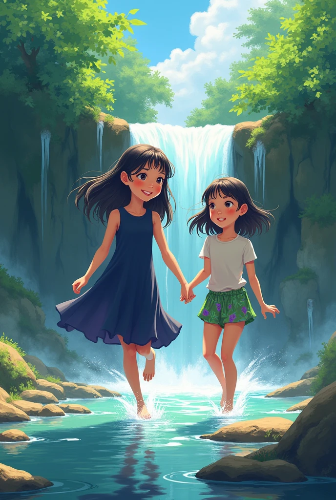 masterpiece,best quality,<lora:comiclo:0.8>,multiple girls,3girls,fruit,food,watermelon,water,sandals,hat,black hair,hair bobbles,shorts,skirt,river,short hair,dappled sunlight,hairband,smile,outdoors,straw hat,hair ornament,dress,stream,open mouth,nature,rock,wading,sunlight,long hair,twintails,polka dot,chibi,<lora:GoodHands-vanilla:1>,