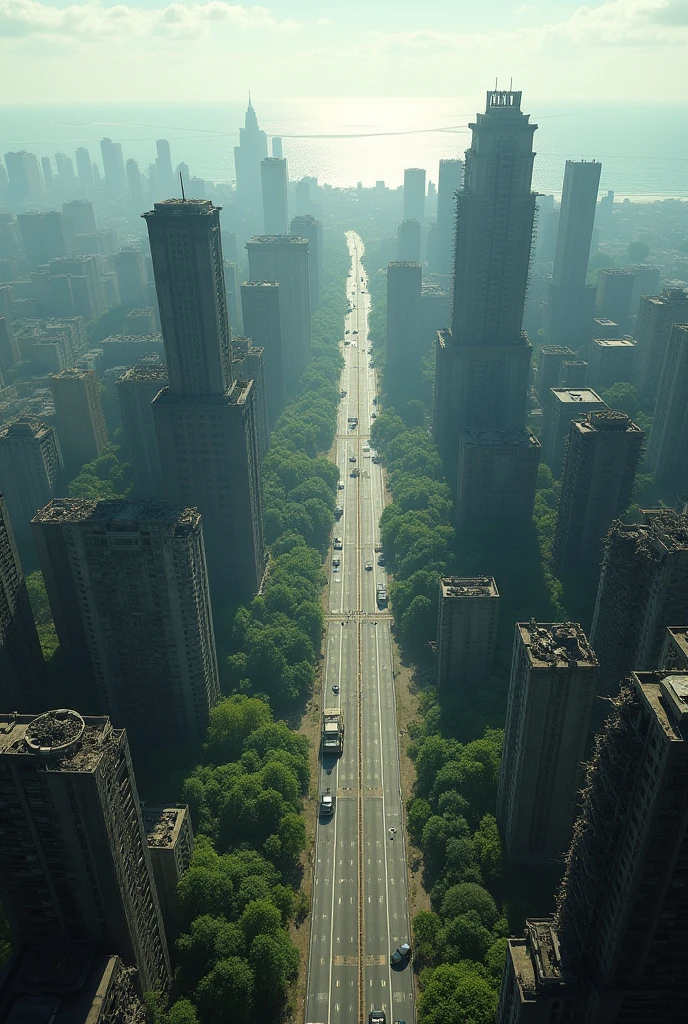 Ruins of a big city,Eternal Silence,Photographic images,Mr.々Various types of buildings and highways,Wide-area images taken from a high altitude,The sea shining in the distance,Part of it begins to be covered by vegetation.,unmanned,Collapsed or falling buildings,No cars, no people,