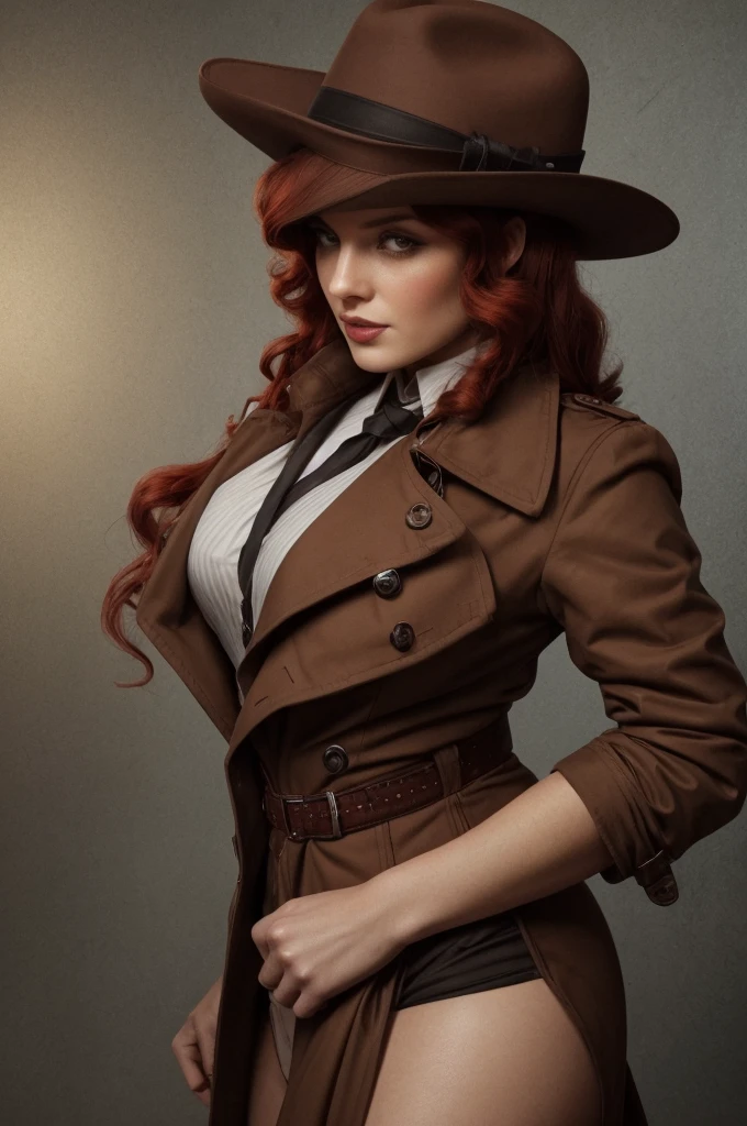 1920s hardboiled detective, striking red hair styled in soft waves, tailored trench coat and a fedora, sharp no-nonsense attitude, pinup