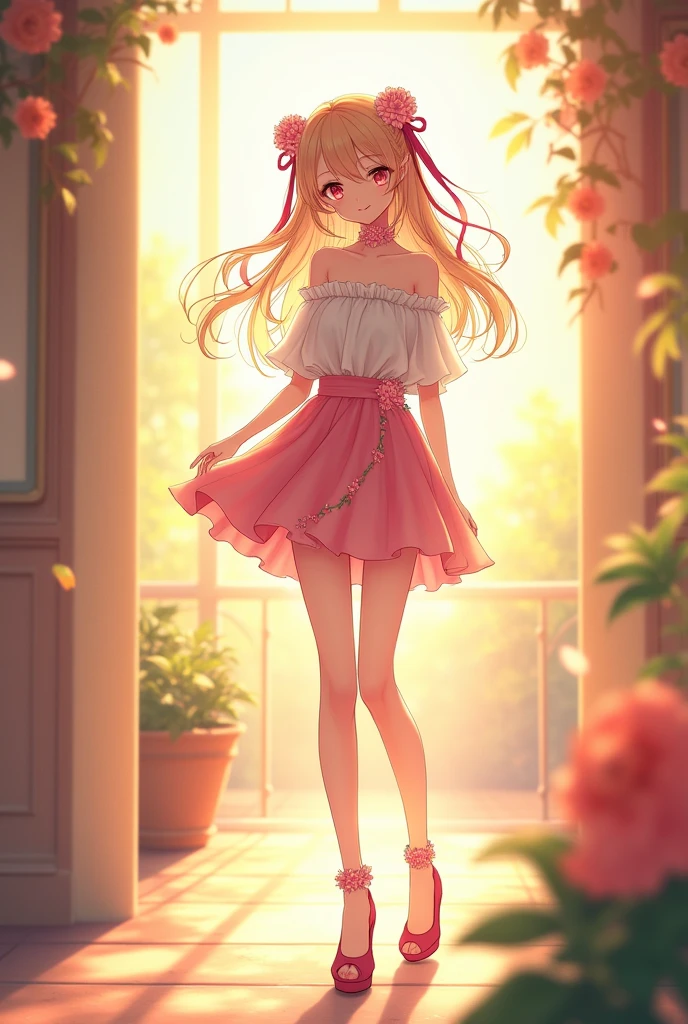 Ultra high quality,Long legs,cute,Sunlight,Off-shoulder,Wear flowers on your head,charming,Ribbon,Pink miniskirt,Flowers on skirt,High heel,whole body,High School Students
