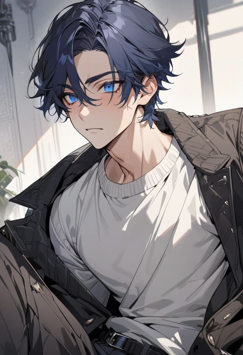 an anime boy, dark blue hair, blue eyes, neutral expression, slim body, short hair, elegant, detailed eyes, ultra detailed, high quality, ager, masculine features, gruff, sweater, coat .